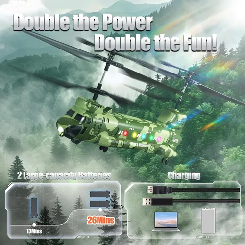 Miniatura 6 de OBEST Helicóptero RC Chinook LM19-D, helicóptero militar de control remoto con cámara, doble hélice con retención de altitud, despegue/aterrizaje