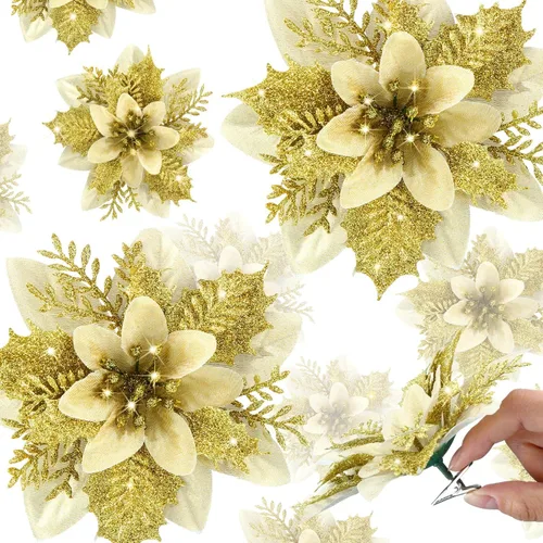 Miniatura 16 de Canlierr 12 piezas flores de Pascua de Navidad de 5.7 pulgadas con purpurina, flores artificiales con clips, adorno de árbol de Navidad para corona