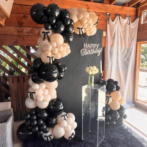 Miniatura 6 de Kit de guirnalda de globos negro, blanco y dorado, 115 piezas de arco de globos beige arena negro crema oro metálico con globos de papel de aluminio