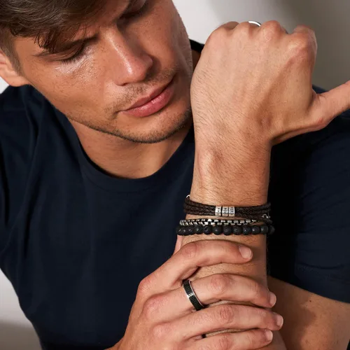 Miniatura 8 de Sett&Co - Personalized "Quest" BrownBlack Leather Bracelet With Up To 7 Custom Beads With Inscription - Sterling Silver 0.925, 18K Gold Plated