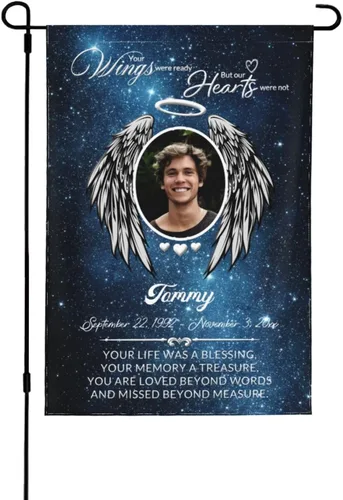 Miniatura 13 de Bandera de memoria personalizada con nombre de foto, fecha, letrero funerario personalizado, bandera conmemorativa personalizable para jardín, Cielo