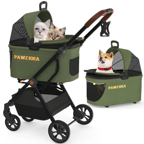 Miniatura 10 de PAWZIDEA Carriola de mascotas 4 en 1, Carriola de gatos con portaequipaje desmontable y dosel sin cremallera, jaula portátil para perros