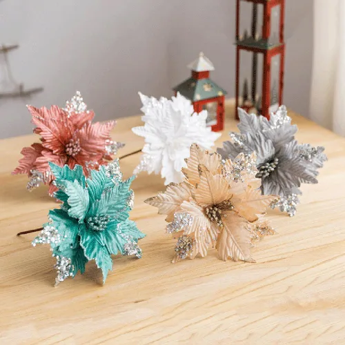 Miniatura 8 de 6 adornos para árbol de Navidad con purpurina para árbol de Navidad, flores artificiales de Navidad, accesorios florales, flores de franela