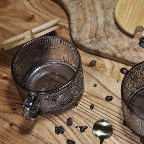 Miniatura 6 de Tazas de café de vidrio vintage, juego de 2 tazas de té de cristal en relieve de 14 onzas para desayuno, postre, capuchino, latte, cereales, yogur