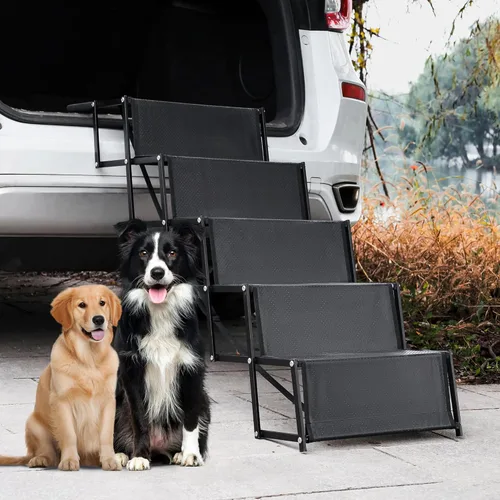 Rampa para perros, rampas de 5 escalones para perros grandes con superficie antideslizante, escalones portátiles de aluminio para perros que
