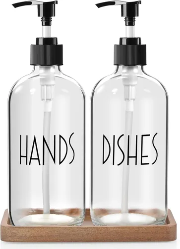 Miniatura 12 de ALELION Dispensador de jabón de vidrio ámbar para cocina - Juego de dispensador de jabón para manos y platos de 16 oz con bandeja de madera