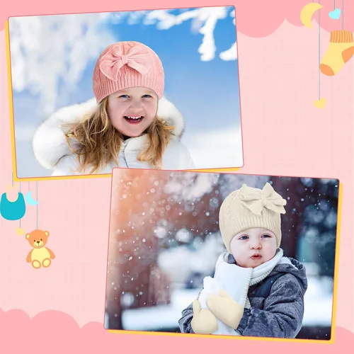 Miniatura 4 de 3 Set Toddler Hat Glove Set Kids Winter Hats Warm Knitted Beanie Mittens Gloves with Bow for Baby Girls and Boys 0-6Y
