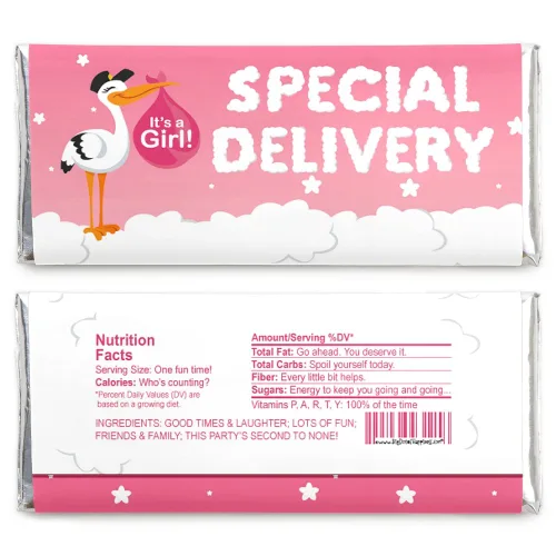 Miniatura 2 de Big Dot of Happiness Girl Special Delivery - Envoltura de barra de caramelo rosa It's A Girl Stork Baby Shower Favores - Juego de 24