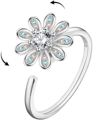 Daisy Flower Spinner - Anillo abierto con circonita cúbica ajustable alivio del estrés anillos para los dedos antiansiedad preocupación promesa amor