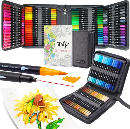 Juego de rotuladores de punta doble de 100 colores, juego de bolígrafos de punta fina de colores con bolsa de lona, libros para colorear para