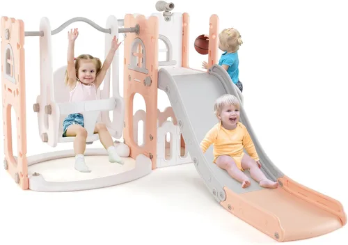 Costzon Juego de Columpio y Tobogán 7 en 1 para Niños Pequeños, Conjunto de Juego Independiente con Tobogán para Niños Pequeños con Columpio, Aro de