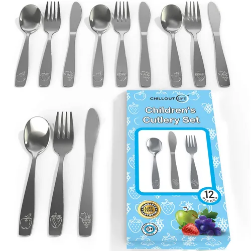 Juego de cubiertos de acero inoxidable de 12 piezas para niños, cubiertos seguros para niños y niños, juego de utensilios para niños, juego de