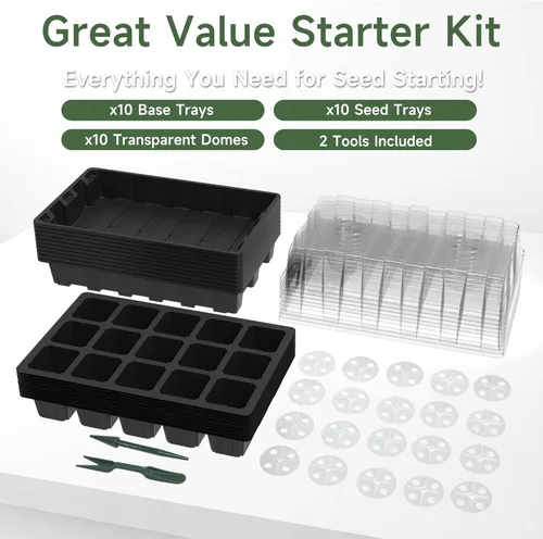 Miniatura 6 de Gardzen Paquete de 10 kits de iniciación de semillas, bandejas reutilizables para germinación de plantas con un total de 150 celdas, bandeja