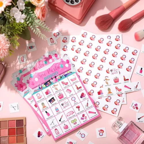 Miniatura 4 de Liliful Juego de bingo para fiesta de spa, 35 piezas, para 24 jugadores, tarjetas de bingo para fiesta de maquillaje, juegos temáticos de belleza