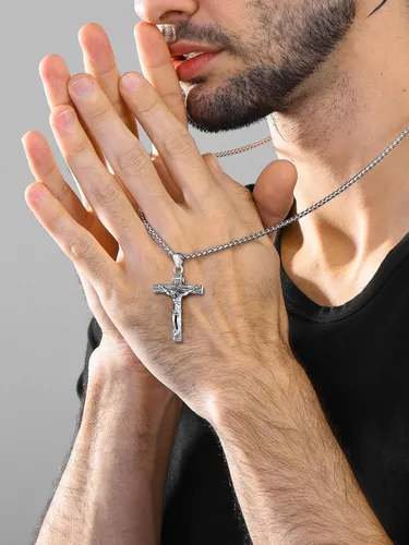 Miniatura 4 de U7 Colgante de cruz de crucifijo para hombre con cadena de bautismo, joyería cristiana, acero inoxidable, oro de 18 quilates, collar antiguo