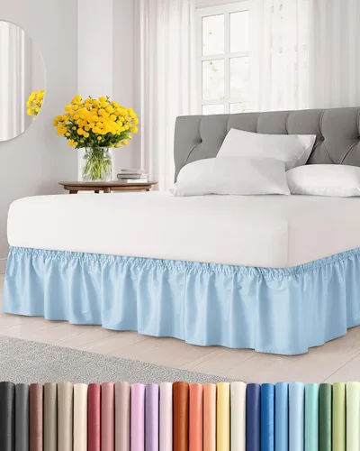Falda de cama envolvente con volantes, color azul claro, para camas de tamaño individual con altura de 30 cm CGK Linens - Falda de cama plisada con