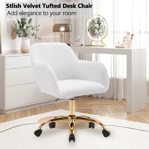 Miniatura 7 de Silla moderna de peluche para oficina en casa, bonita silla de escritorio tapizada con patas de metal dorado, silla giratoria ajustable con ruedas