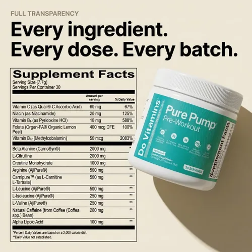 Miniatura 4 de Do Vitamins - PurePump - Polvo de Preentrenamiento Totalmente Natural Sin Sabor para Hombres y Mujeres - Preentrenamiento Limpio con Creatina, BCAA