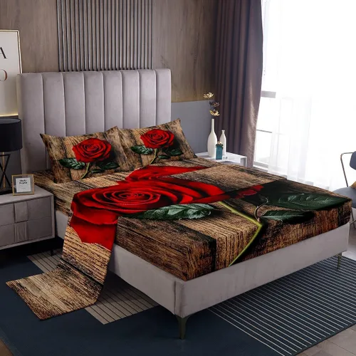Miniatura 12 de Erosebridal Ropa de cama de 3 piezas de rosa roja, tamaño individual, sábana bajera y sábana encimera para mujeres y niñas, estampado de momentos