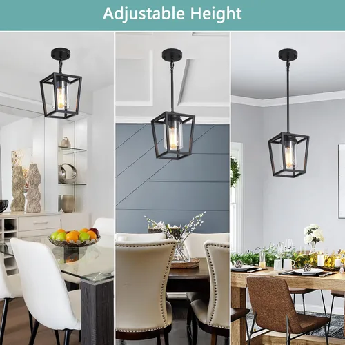 Miniatura 6 de SGLfarmty Luces colgantes negras para isla de cocina, 1 luz moderna de granja, jaula de metal ajustable, lámpara colgante con pantalla de vidrio