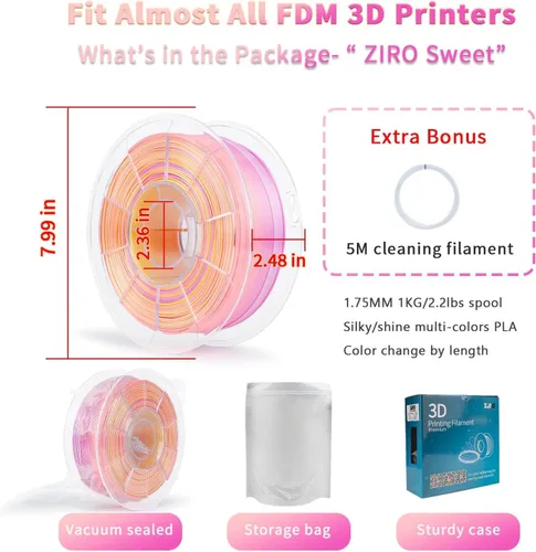Miniatura 5 de ZIRO - Filamento PLA para impresora 3D de 0.069 pulgadas, filamento sedoso brillante multicolor para impresora 3D, cambio gradual de color PLA