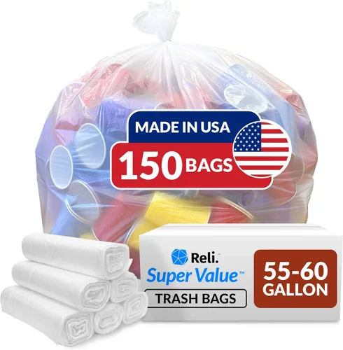 Reli. Bolsas de basura Easy Grab de 55 a 60 galones (150 unidades) (transparentes) – Rollos de alta densidad con sello de estrella – Revestimientos