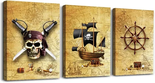 Barco pirata y timones - Lienzo decorativo para pared de sala de estar, dormitorio, decoración de pared, decoración de pared de baño, decoración del