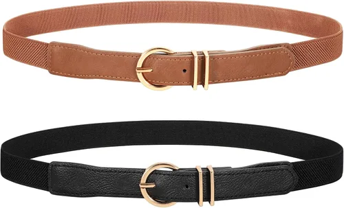 WERFORU Paquete de 2 o 3 cinturones elásticos ajustados para mujer, con hebilla dorada, cinturón elástico fino para jeans de vestir