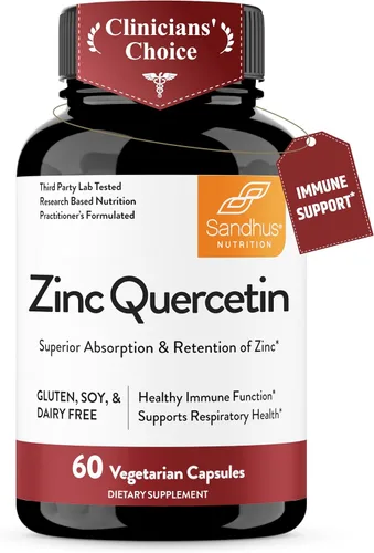 Sandhu's Zinc Quercetin 60 cápsulas vegetarianas (paquete de 1) | Suplementos de zinc de alta absorción para inmunidad y alergia estacional | Apoyo