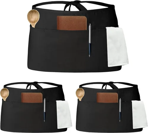 Miniatura 9 de Tosewever Delantales de camarera con 3 bolsillos, delantal de cintura para camarera para mujeres y hombres, restaurante, hogar, negro, medio delantal
