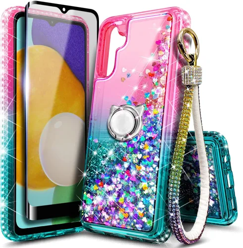 Miniatura 22 de Funda compatible con Samsung Galaxy S24-FE Aqua/Purple Funda líquida flotante con purpurina linda con protector de pantalla de vidrio templado