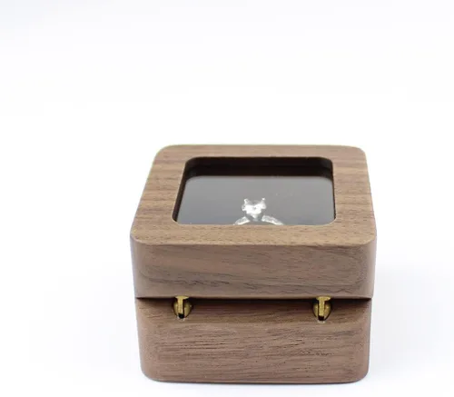 Miniatura 5 de Caja de anillos de madera cuadrada rústica con tapa transparente, para parejas, caja de compromiso, boda, dos ranuras, terciopelo negro