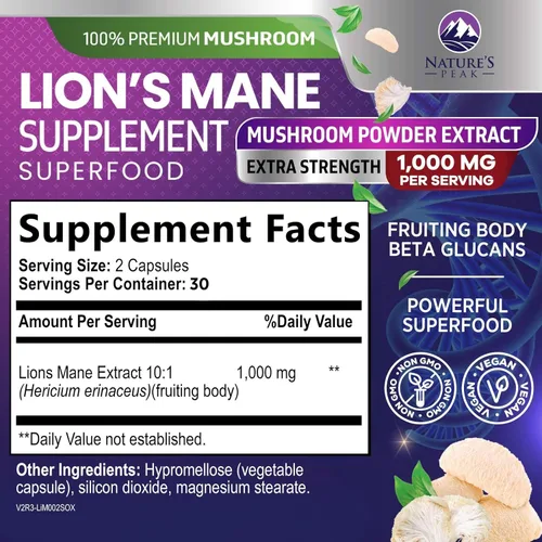 Miniatura 5 de Cápsulas de suplemento de melena de leones, melena de león, 1000 mg por porción, hongo de melena de león extra fuerte, superalimento para memoria