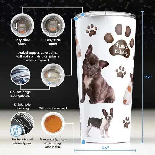 Miniatura 3 de Greenline Goods Vaso aislado de bulldog francés con tapa, 20 onzas, perfecto para mamás de perros, papás, amantes, taza aislada de bulldog francés
