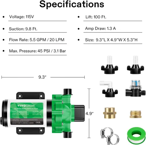 Miniatura 7 de VIVOGROW Bomba de presión de agua, bomba de agua de diafragma de 115 VCA 4 GPM 45 PSI para baños, cocinas, caravanas y yates (fijable)