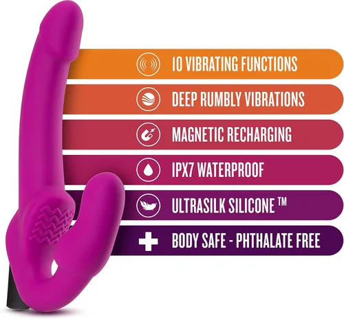 Miniatura 2 de Blush Temptasia Estella - Consolador vibrador curvado de silicona de 9.5 pulgadas, doble extremo sin tirantes, recargable, impermeable, profundo Rosa