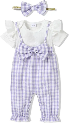 SOLOYEE Baby Girl Clothes Girls Outfit Short Sleeve Top+Suspender Pants+Bow Headband Baby Girl Clothing