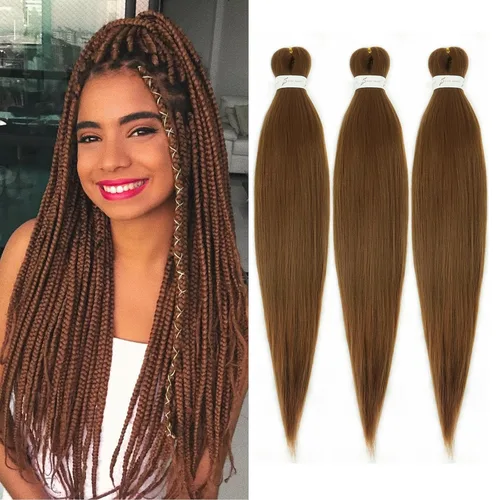 Miniatura 46 de Cabello trenzado marrón preestirado de 30 pulgadas, 3 paquetes de cabello trenzado preestirado de color 30 EZ, textura Yaki, extensiones de cabello