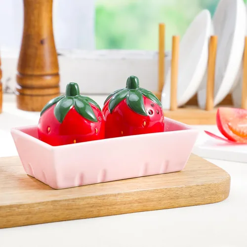 Miniatura 7 de Juego de 3 saleros y pimenteros de fresa, bonitos saleros y pimenteros con bandeja rosa, divertidos recipientes de cerámica para almacenamiento