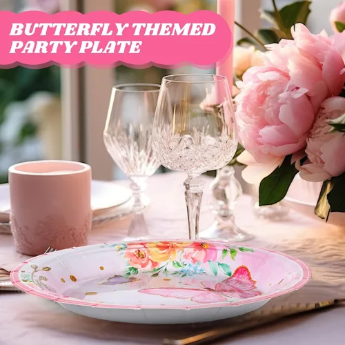 Miniatura 6 de Zopeal 60 platos de papel de mariposa primaveral a granel de 9 pulgadas con flores rosas florales desechables para tartas de postre, decorativos
