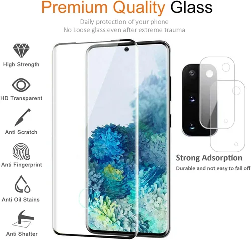 Miniatura 2 de Samsung Galaxy S20 Protector de pantalla de vidrio templado con protector de lente de cámara [cubierta curva 3D] [compatible con huellas dactilares]