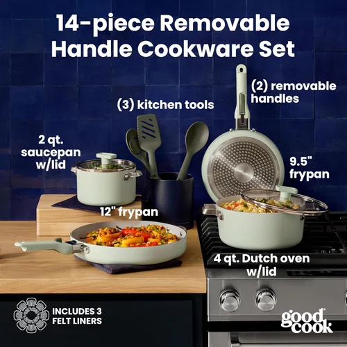 Miniatura 2 de GoodCook Juego de utensilios de cocina de cerámica de 14 piezas con asas extraíbles, ollas y sartenes antiadherentes, aptos para inducción y horno