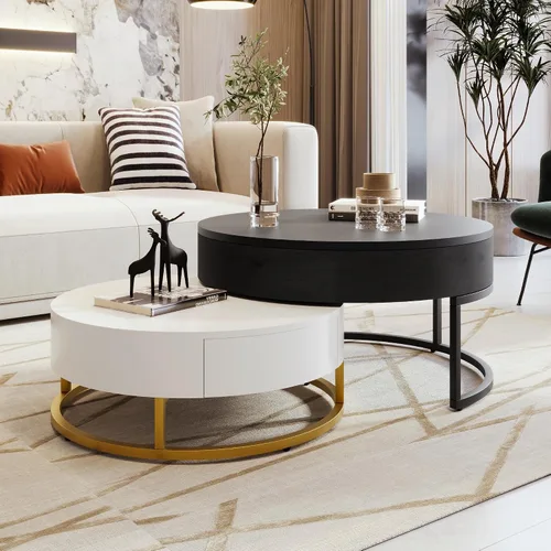 Miniatura 21 de Mesa de café redonda, mesa de café moderna de 31.5" con 2 cajones grandes de almacenamiento, tapa de mesa con patrón de mármol, mesa central