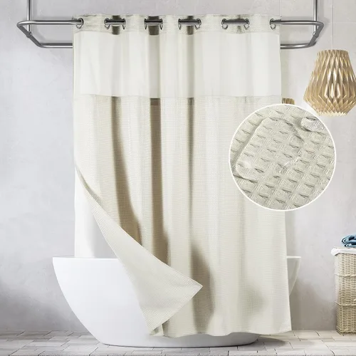 Lagute SnapHook - Cortina de ducha de tela de punto gofre sin gancho con forro a presión, cortina de baño extra larga resistente con parte superior