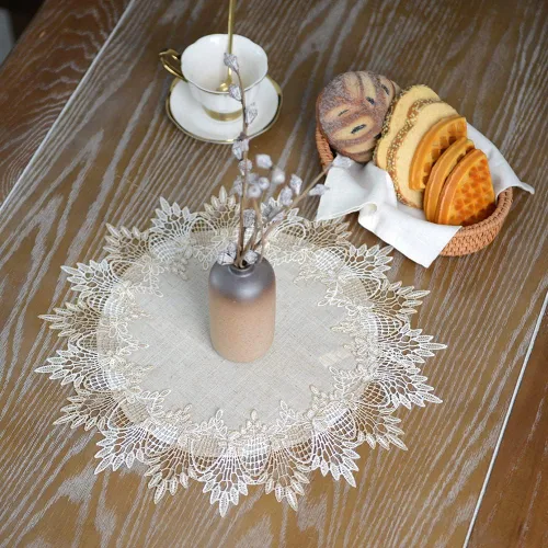 Miniatura 2 de ARTABLE Tapete de Mesa Redondo de Encaje Gris de Lino, Camino de Mesa, Mantel Individual Pequeño para Mesa de Café, Estilo Rústico de Granja
