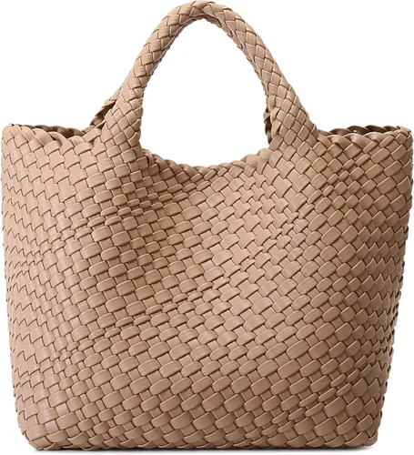Queenoris Bolso tejido para mujer, bolso de mano de cuero vegano grande para verano, playa, viaje, bolso y bolso retro hecho a mano