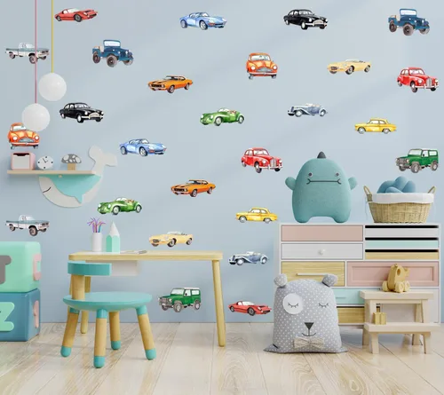 Miniatura 2 de Pegatinas de Pared de Coche Clásico de Acuarela, Calcomanías de Pared de Vinilo de Coche de Carreras Retro Vehículo Todoterreno, Arte de Pared