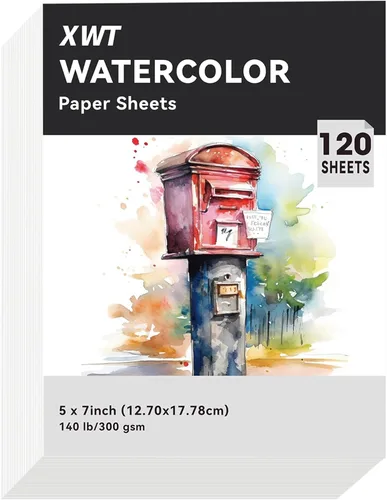 Miniatura 10 de XWT 60 hojas de papel de acuarela a granel, 5.5 x 8.5 pulgadas, 140 libras/300 gsm, prensado en frío, sin ácido, blanco natural, texturizado