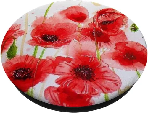 Miniatura 2 de PopSockets - Agarre y soporte para teléfonos y tabletas, diseño de amapola, color rojo y blanco, Negro