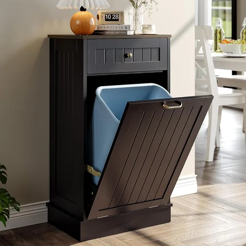 Miniatura 3 de LOUVIXA Gabinete de basura inclinable, armario de basura oculto con cajón, soporte de madera para basura a prueba de perros, cesta de lavandería